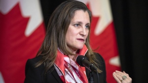 Minister of Finance and Deputy Prime Minister Chrystia Freeland speaks to the media at the Hamilton Convention Centre, in Hamilton, Ont., during the second day of meetings at the Liberal Cabinet retreat, on Tuesday, Jan. 24, 2023. Canada still won't say whether it wants to send tanks to Ukraine, as the U.S. and Germany take steps to bring tanks to the eastern European country. THE CANADIAN PRESS/Nick Iwanyshyn