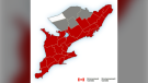 A graphic from Environment Canada shows snowfall warnings issued across southern and eastern Ontario.