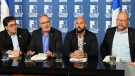 Union leaders of the common react to the government offers at a news conference, in Quebec City, Thursday, Dec. 15, 2022. From the left, Francois Enault CSN, Daniel Boyer FTQ, Eric Gingras CSQ and Robert Comeau, APTS. THE CANADIAN PRESS/Jacques Boissinot