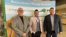 Tony Playter, CEO of Regina and District Chamber of Commerce (Left), Thomas Benjoe, President and CEO of FHQ Development (Centre), Jeremy Fourhorns, Tribal Chief and CEO of FHQ Tribal Council (Right). (Gareth Dillistone/CTV News)