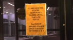 Signs were put up at the Clareview Community Recreation Centre after a man was critically injured on Wednesday, Jan. 25. (Galen McDougall/CTV News Edmonton)