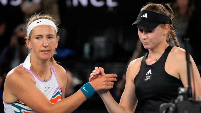 Elena Rybakina, right, and Victoria Azarenka at the Australian Open tennis championship in Melbourne, Australia, on Jan. 26, 2023. (Aaron Favila / AP) 