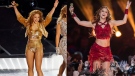 This combination of photos shows Shakira performing during the halftime show at the NFL Super Bowl 54 football game between the San Francisco 49ers and Kansas City Chiefs', on Feb. 2, 2020. (AP Photo)