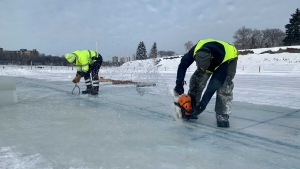 Sputnik Architecture harvested ice from the Red River on Wednesday to turn into sculptures. The blocks will be chiseled and carved into the icy creations in early February. (Source: Scott Andersson/CTV News Winnipeg)