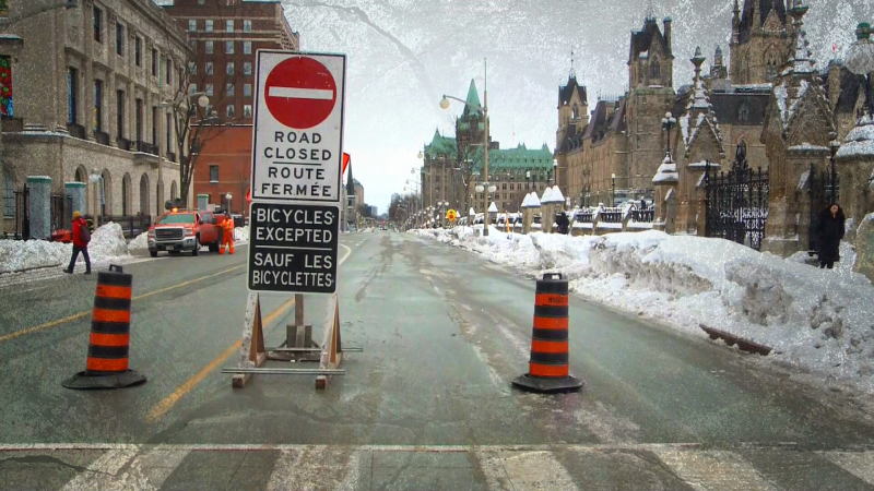 Wellington Street has been closed in front of Parliament Hill for nearly a year since the 'Freedom Convoy' protests began. (Leah Larocque/CTV News Ottawa)