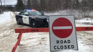 Ontario Provincial Police at the scene of a fatal collision in the Town of the Blue Mountains, Ont., on Thurs., Jan. 26, 2023. (CTV News/Rob Cooper)