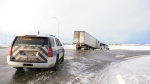 A truck slid off the road on Thursday morning near Delisle, located about 45 kilometres southwest of Saskatoon. (Chad Hills / CTV News)