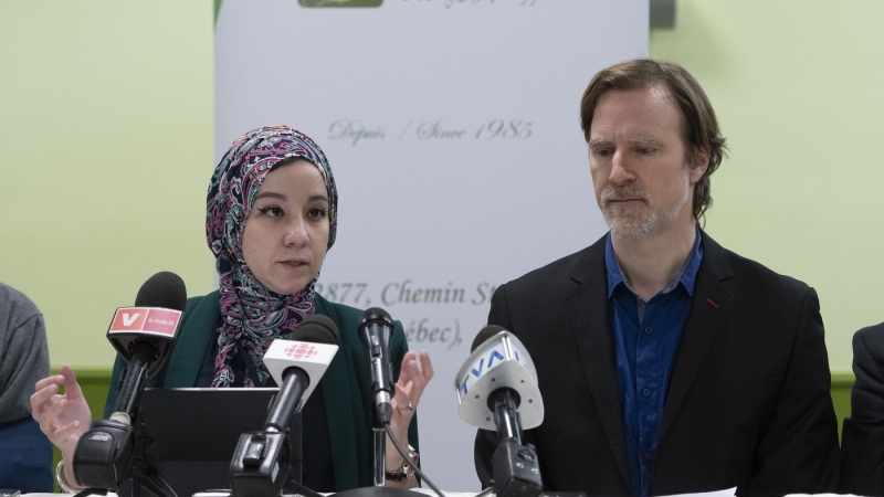 Co-organizer Maryam Bessiri, left, speaks at a news conference, Wednesday, Jan. 29, 2020, in Quebec City as co-organizer Sebastien Bouchard looks on. A commemoration to mark the sixth anniversary of Quebec's mosque shooting will be held for the first time inside the prayer room where the carnage took place. THE CANADIAN PRESS/Jacques Boissinot