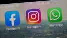 This file photo shows the mobile phone app logos for, from left, Facebook, Instagram and WhatsApp in New York, Oct. 5, 2021. (AP Photo/Richard Drew, file)