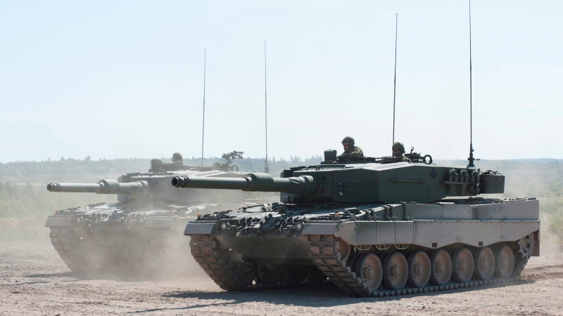 Defence Minister Anita Anand says Canada is sending four of its Leopard 2 battle tanks to Ukraine. A Canadian Forces Leopard 2A4 tank displays it's firepower on the firing range at CFB Gagetown in Oromocto, N.B., on Thursday, September 13, 2012. THE CANADIAN PRESS/David Smith 