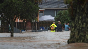 Wading through flood waters in Auckland, New Zealand, on Jan. 27, 2023.  (Hayden Woodward / New Zealand Herald via AP) 