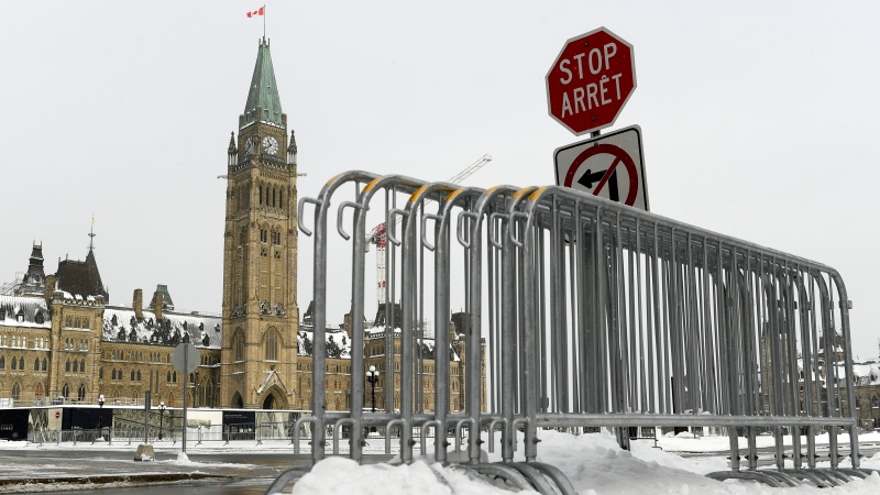 Fencing is seen on Parliament Hill in Ottawa, one year after the Freedom Convoy protests took place, on Friday, Jan. 27, 2023. (Justin Tang/THE CANADIAN PRESS)