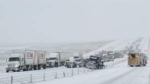 Northbound lanes of the QEII Highway were closed near Carstairs, Alta., on Friday, Jan. 27, 2023 after a multi-vehicle crash. (Arthur DThird) 