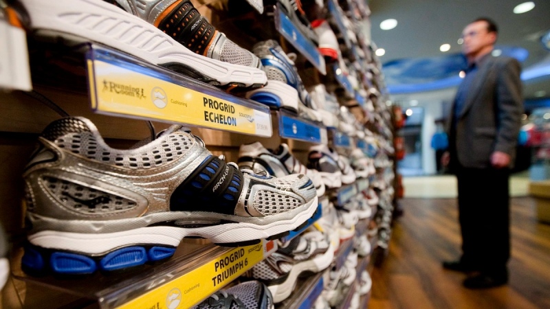A wall of running shoes at The Running Room in downtown Toronto, Feb. 1, 2010. THE CANADIAN PRESS/Darren Calabrese