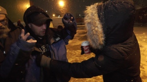 There were long lineups for food and clothing donations outside the Men’s Mission in London, Ont. on Jan. 27, 2022 as a group of Londoners handed out donations to those in need. (Bryan Bicknell/CTV News London) 