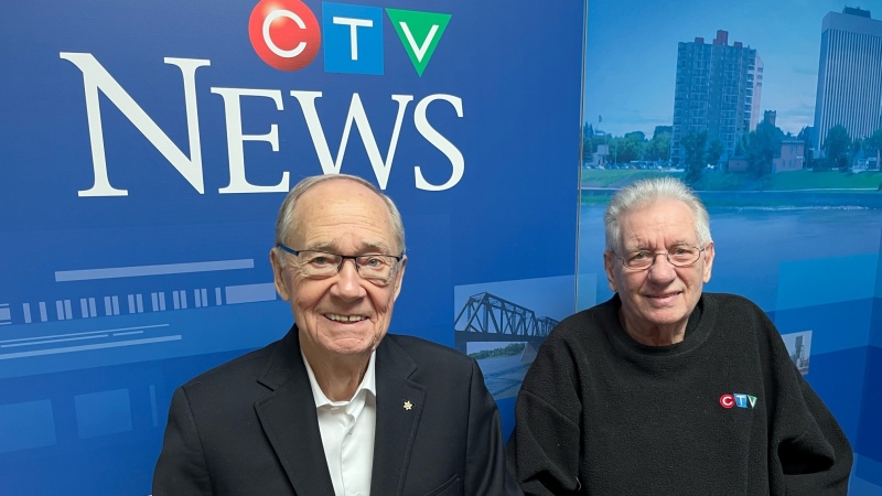  
Some of Prince Albert's earliest broadcasters Jim Scarrow on the left, Don Mitchell on the right. (Stacey Hein/CTV News)
