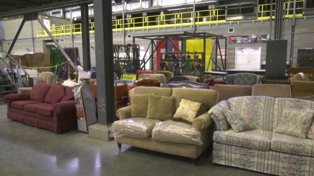 Donated couches are ready to be picked up by Ukrainian newcomers (CTV News Edmonton/Jessica Robb).