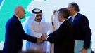 From left, Claudio Descalzi, the CEO of Italy's state-run energy company, ENI, Qatar's Minister of State for Energy Affairs Saad Sherida al-Kaabi, Lebanese caretaker Energy Minister Walid Fayad and TotalEnergies CEO Patrick Pouyanne, shake hands after they sign an agreement in Beirut, Lebanon, Sunday, Jan. 29, 2023. Lebanon, two international oil giants and state-owned oil and gas company Qatar Energy agreed Sunday that the Qatari firm will join a consortium that will search for gas in the Mediterranean Sea off Lebanon's coast. (AP Photo/Bilal Hussein)