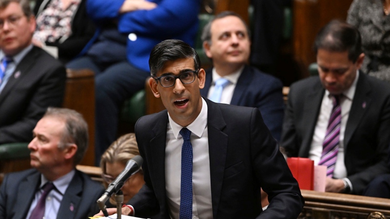 In this photo issued by U.K. Parliament, Britain's Prime Minister Rishi Sunak speaks during Prime Minister's Questions in the House of Commons, London, on Jan. 25, 2023. (Jessica Taylor/UK Parliament via AP)