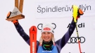 United States' Mikaela Shiffrin celebrates after completing an alpine ski, women's World Cup slalom, in Spindleruv Mlyn, Czech Republic, on Jan. 29, 2023. (AP Photo/Piermarco Tacca)