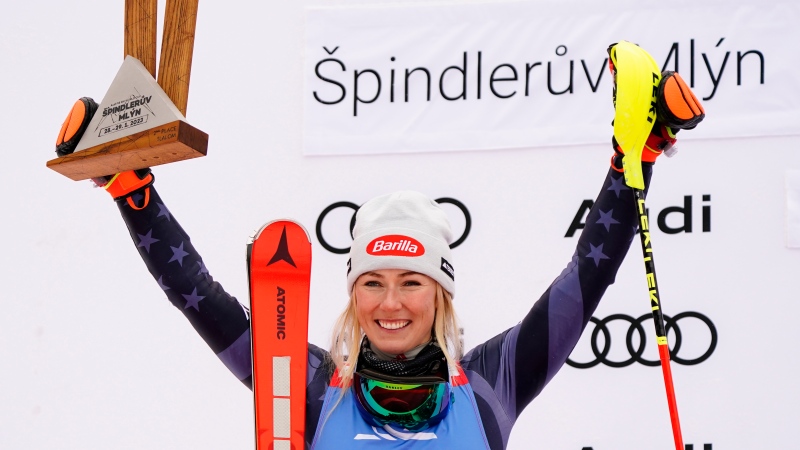 United States' Mikaela Shiffrin celebrates after completing an alpine ski, women's World Cup slalom, in Spindleruv Mlyn, Czech Republic, on Jan. 29, 2023. (AP Photo/Piermarco Tacca)