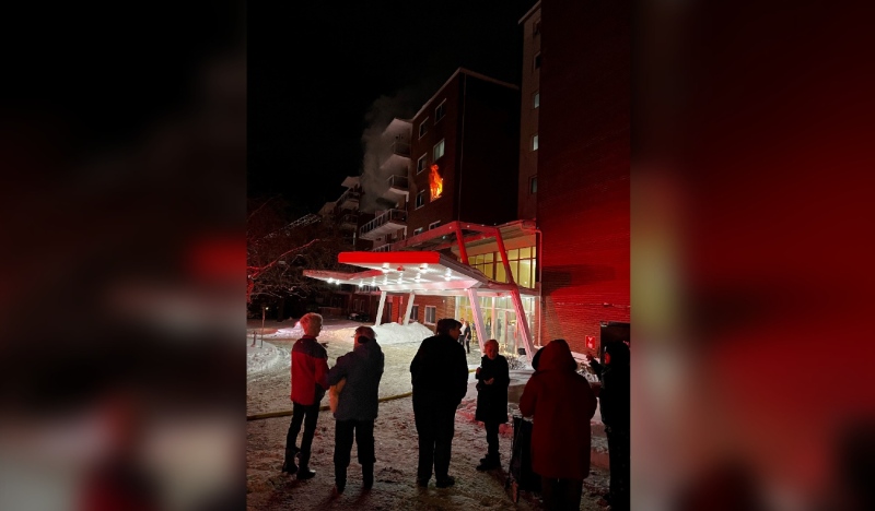 The scene as residents of Benvenuto Apartments in Greater Sudbury's south end were evacuated because of a structural fire on the fifth floor of the building. (Photo courtesy of Kaleb Boucher)