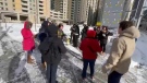 A group of students participated in a sketch mob Saturday in downtown Calgary.