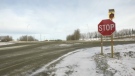 A stop sign with a flashing red light stands on the side of Range Road 20 at Highway 16A (CTV News Edmonton/Jessica Robb).