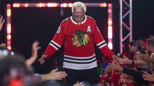 Former Chicago Blackhawks player Bobby Hull is introduced to fans during the NHL hockey team's convention in Chicago, Friday, July 26, 2019. (AP Photo/Amr Alfiky)
