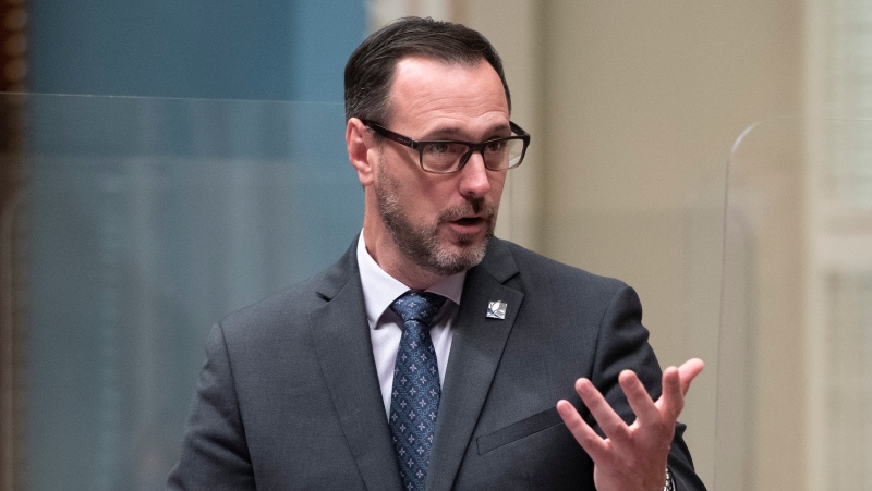Quebec Secularism Minister Jean-Francois Roberge responds to the Opposition during question period Thursday, September 23, 2021 at the legislature in Quebec City. THE CANADIAN PRESS/Jacques Boissinot