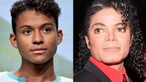 Jaafar Jackson appears during the 'Living with The Jacksons' panel at the Reelz Channel 2014 Summer TCA in Beverly Hills, Calif., on July 12, 2014, left, and Michael Jackson appears at the American Cinema Award gala in Beverly Hills, Calif., on Jan. 9, 1987. (AP Photo) 