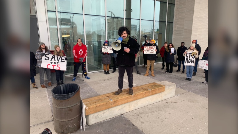 Protesters rally outside Windsor City Hall against motion to rescind support for a consumption and treatment site planned for Wyandotte Street East in Windsor, Ont. on Monday, Jan. 30, 2023. (Rich Garton/CTV News Windsor)