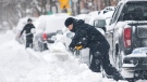 People clear snow from around their vehicles during a snowstorm in Montreal, Thursday, January 26, 2023. THE CANADIAN PRESS/Graham Hughes