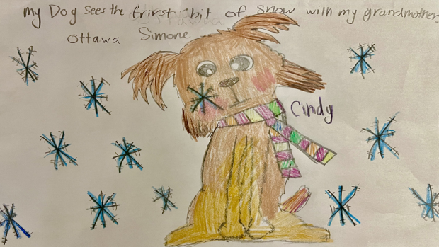 8-year-old Simone lives in Atlanta, GA and doesn't get to experience snow like her grandmother does here in Ottawa. She loves to Facetime her grandmother during big snow falls and she shared this drawing to show how excited she and her dog 'Cindy’ would be when they see the 1st snow flakes.  By Simone Etheridge, Grade 3, Bascomb Elementary School