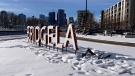 The Bridgeland sign on Memorial Drive is missing both its "n" and its "d."