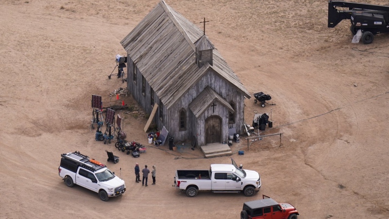 This aerial photo shows the movie set of 'Rust' at Bonanza Creek Ranch in Santa Fe, N.M., on Saturday, Oct. 23, 2021. (AP Photo/Jae C. Hong, File)