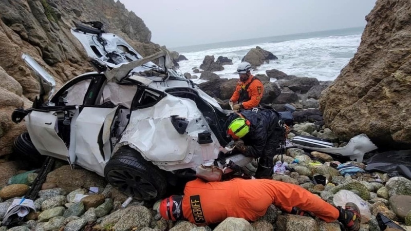 In this photo provided by the San Mateo County Sheriff's Office, emergency personnel respond to a vehicle over the side of Highway 1 on Jan. 1, 2023, in San Mateo County, Calif. (Sgt. Brian Moore/San Mateo County Sheriff's Office via AP; File)