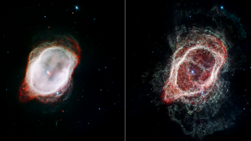 NASA’s James Webb Space Telescope offers dramatically different views of the Southern Ring Nebula. Each image combines near- and mid-infrared light from three filters.  (NASA, ESA, CSA, and O. De Marco (Macquarie University). Image processing: J. DePasquale (STScI)