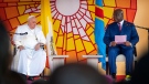 Pope Francis, left, sits with President of the Democratic Republic of the Congo Felix-Antoine Tshisekedi Tshilombo during a welcome ceremony in Kinshasa, Democratic Republic of the Congo, Jan. 31, 2023. (AP Photo/Jerome Delay)