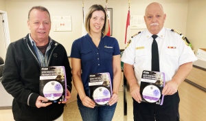 Pictured are Markstay-Warren Mayor Ned Whynott, left, Jessica Gibson, a supervisor of operations for Enbridge, and Markstay-Warren Fire Chief Mark Whynott. (Alana Everson/CTV News)