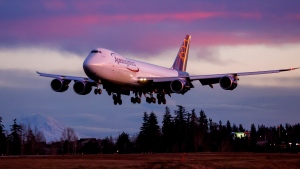 The final Boeing 747 lands at Paine Field following a test flight, Jan. 10, 2023, in Everett, Wash. (Jennifer Buchanan/The Seattle Times via AP)