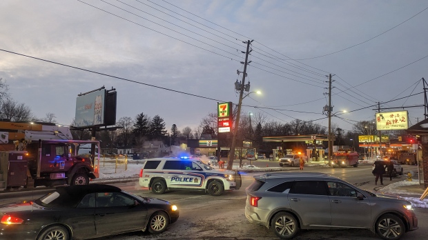 London police and London Hydro are on scene due to downed hydro lines on Wharncliffe Road near Horton Street in London, Ont. on Jan. 31, 2023. (Joel Merritt/CTV News London) 