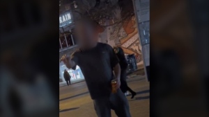 A man shouts anti-gay slurs at a young couple in downtown Vancouver in the early morning hours of Jan. 29, 2023. (Twitter/Jamie Pine) 