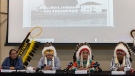 From left, Chief Desmond Bull, Chief Randy Ermineskin, Chief Wilton Littlechild and Chief Vernon Saddleback, speak about the announcement from the Vatican of the Papal visit, in Maskwacis Alta, on Monday, June 27, 2022. THE CANADIAN PRESS/Jason Franson
