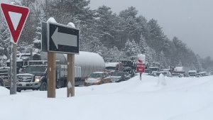 Vehicles were backed up on the southbound lanes of Highway 11 between Alpine Ranch Road and High Falls Road in Bracebridge on Wednesday, Feb. 1, 2023. (Mike Arsalides/CTV News)
