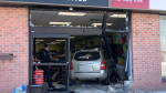 A vehicle crashed through the front of a business on Wonderland Road near Fanshawe Park road on Feb. 1, 2023. (Jim Knight/CTV News London)
