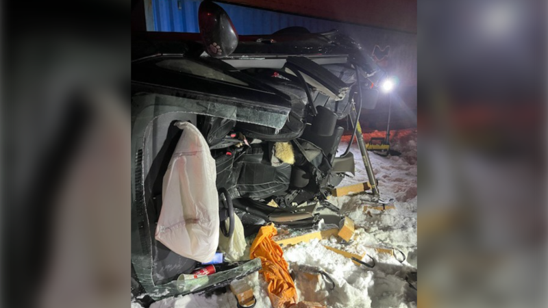 Two people are in Health Sciences North in stable condition following a collision Sunday in Sudbury between a train and a vehicle. (Photo courtesy of Sudbury Professional Fire Fighters)