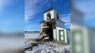 St. Mary's church in Holden, Alberta was damaged after thieves used vehicles to steal the bell. (Supplied photo.)