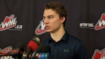 Regina Pats phenom Connor Bedard addresses the media ahead of Wednesday night's game against the Hitmen at the Scotiabank Saddledome.