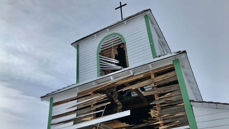 St. Mary's church in Holden, Alberta was damaged after thieves used vehicles to steal the bell. (Sean Amato/CTV News Edmonton)